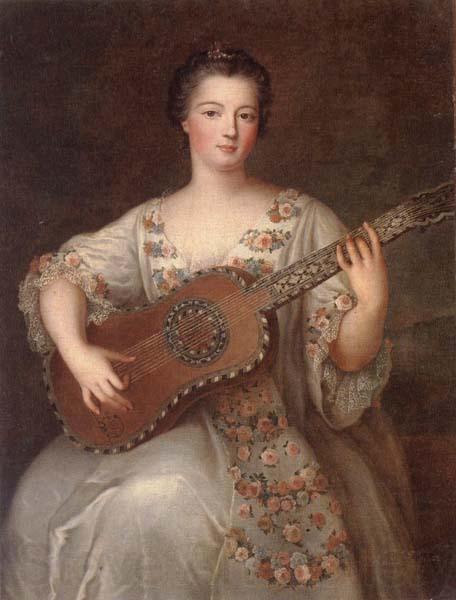 unknow artist Portrait of a young lady,three-quarter length,wearing a floral and ivory lace-trimmed dress,playing the guitar Norge oil painting art